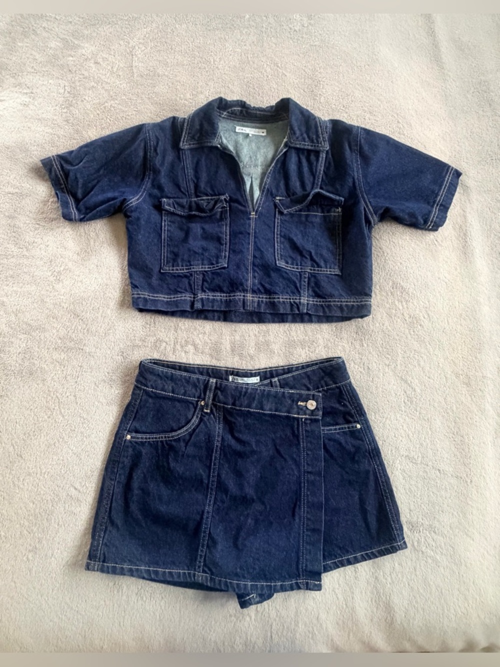 Zara Navy Blue Denim Crop Top and Skort Set Size S